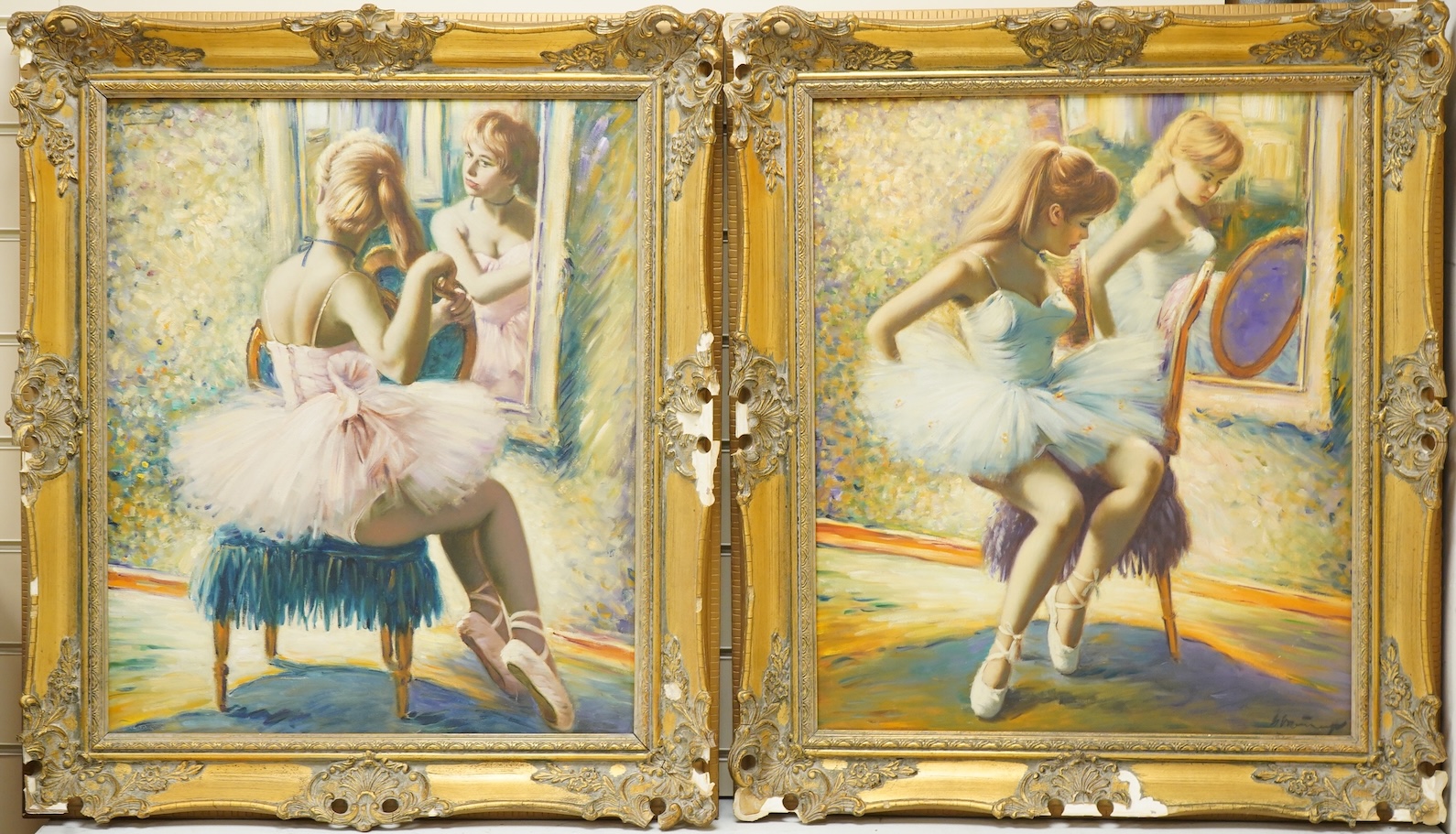 Helmut Breuninger (German, 1921-1998), Studies of seated ballerinas, each signed, pair of oils on canvas, 59 x 49cm